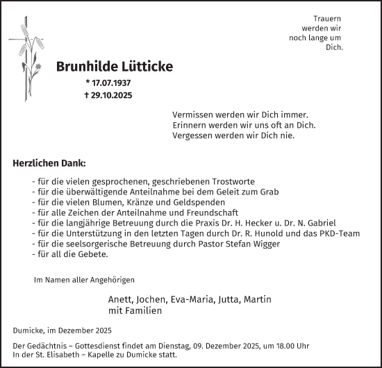 Traueranzeige von Brunhilde Lütticke von Tageszeitung