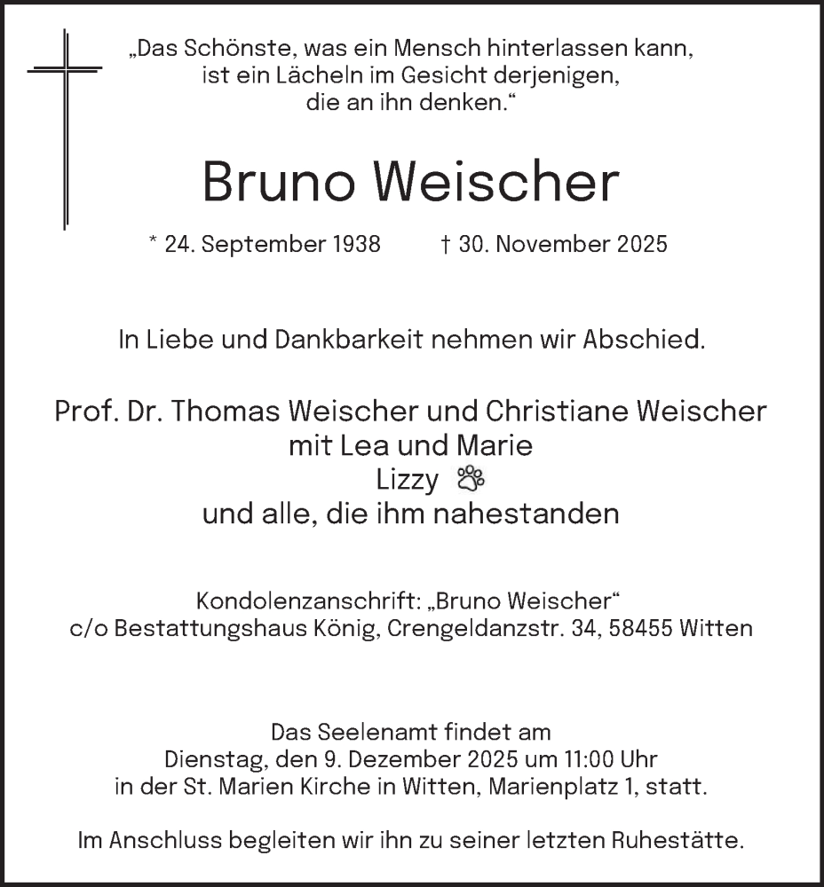  Traueranzeige für Bruno Weischer vom 06.12.2025 aus Tageszeitung