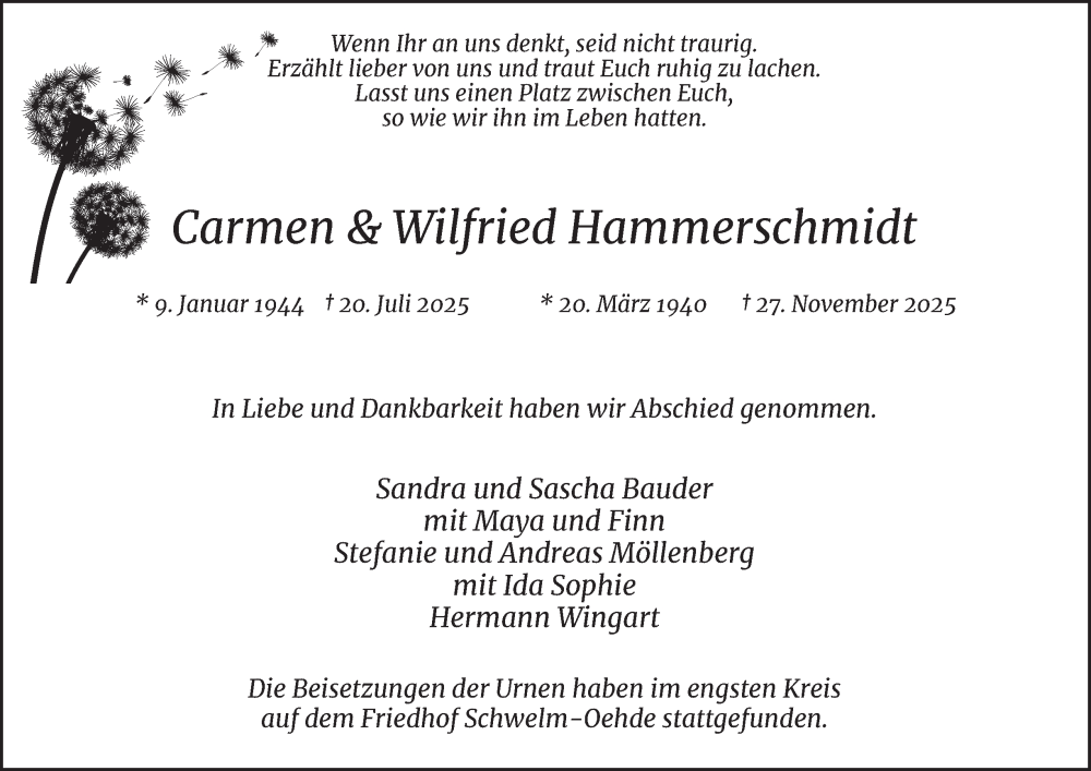 Traueranzeige für Carmen und Wilfried  Hammerschmidt vom 13.12.2025 aus Tageszeitung