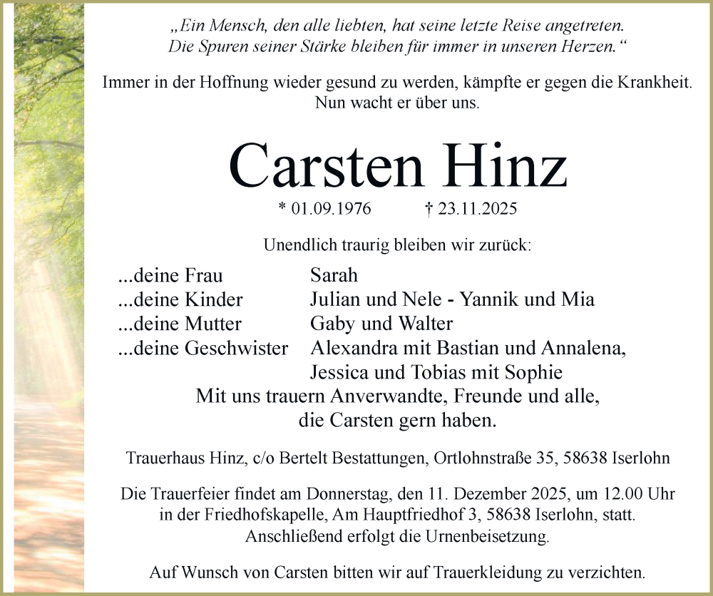  Traueranzeige für Carsten Hinz vom 06.12.2025 aus Tageszeitung
