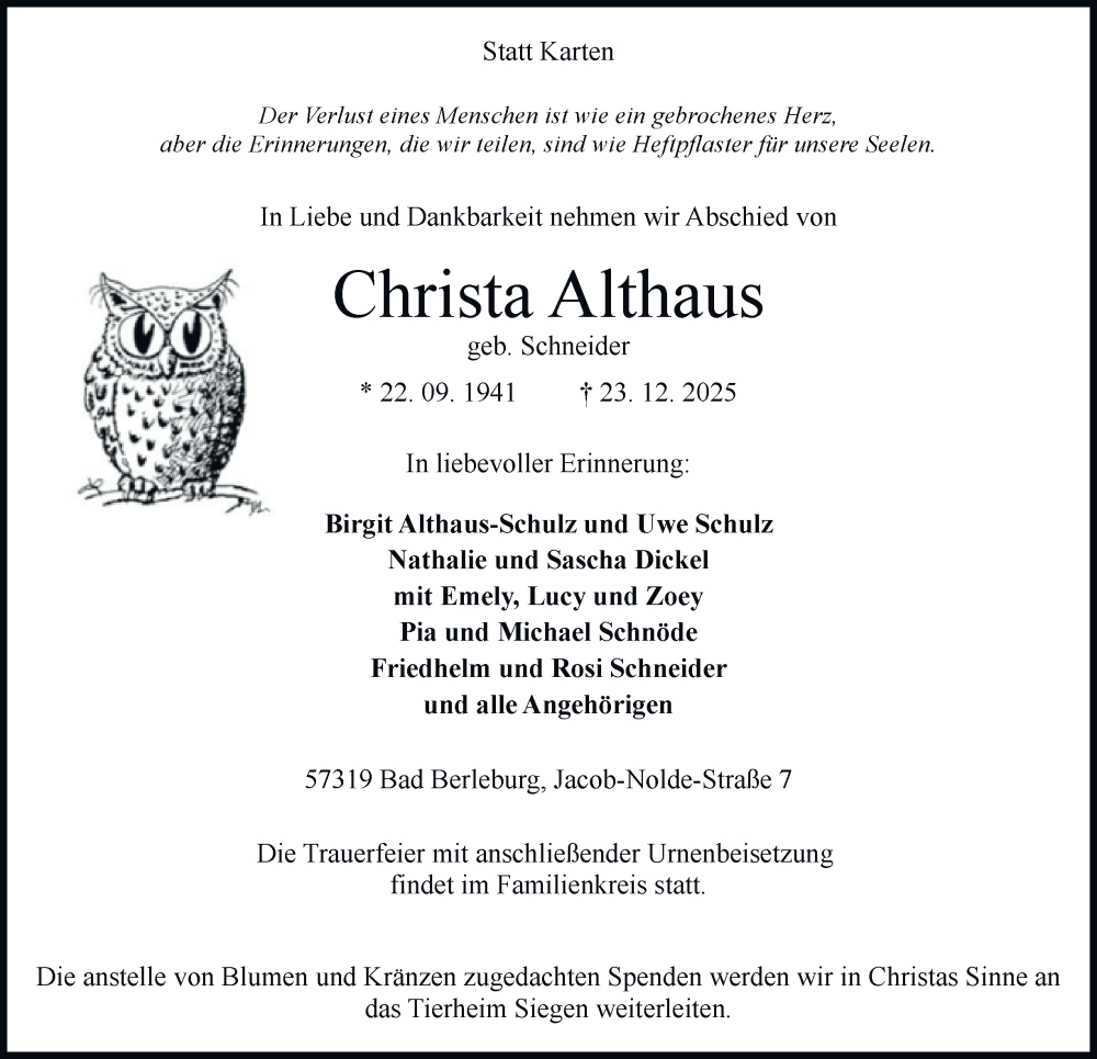  Traueranzeige für Christa Althaus vom 31.12.2025 aus Tageszeitung