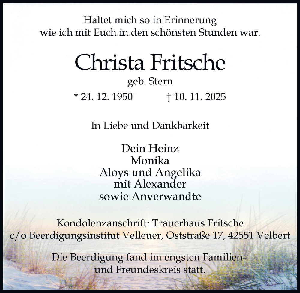  Traueranzeige für Christa Fritsche vom 06.12.2025 aus Tageszeitung