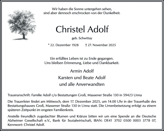Traueranzeige von Christel Adolf von Tageszeitung