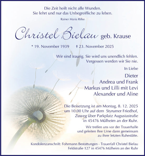 Traueranzeige von Christel Bielau von Tageszeitung