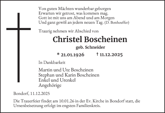 Traueranzeige von Christel Boscheinen von Tageszeitung