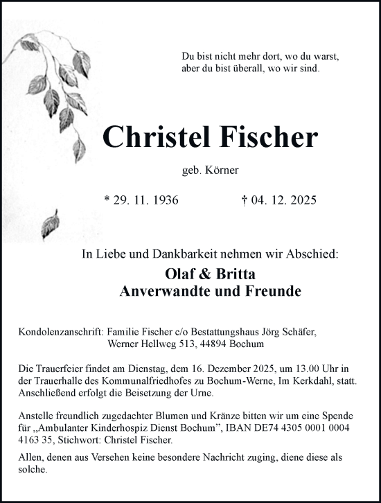 Traueranzeige von Christel Fischer von Tageszeitung
