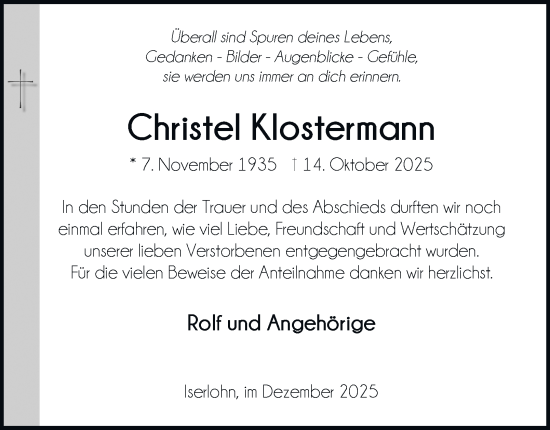 Traueranzeige von Christel Klostermann von Tageszeitung