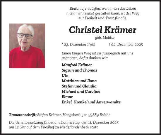 Traueranzeige von Christel Krämer von Tageszeitung
