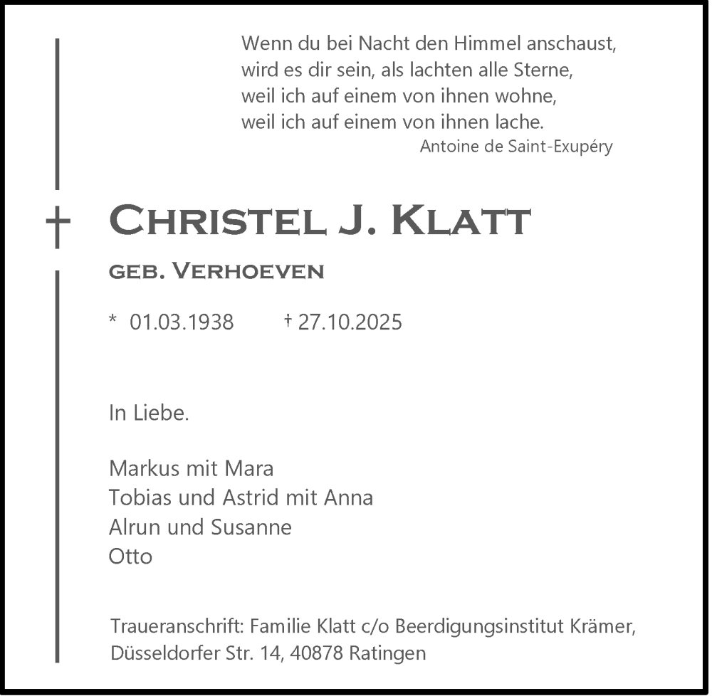  Traueranzeige für Christel J. Klatt vom 06.12.2025 aus Tageszeitung
