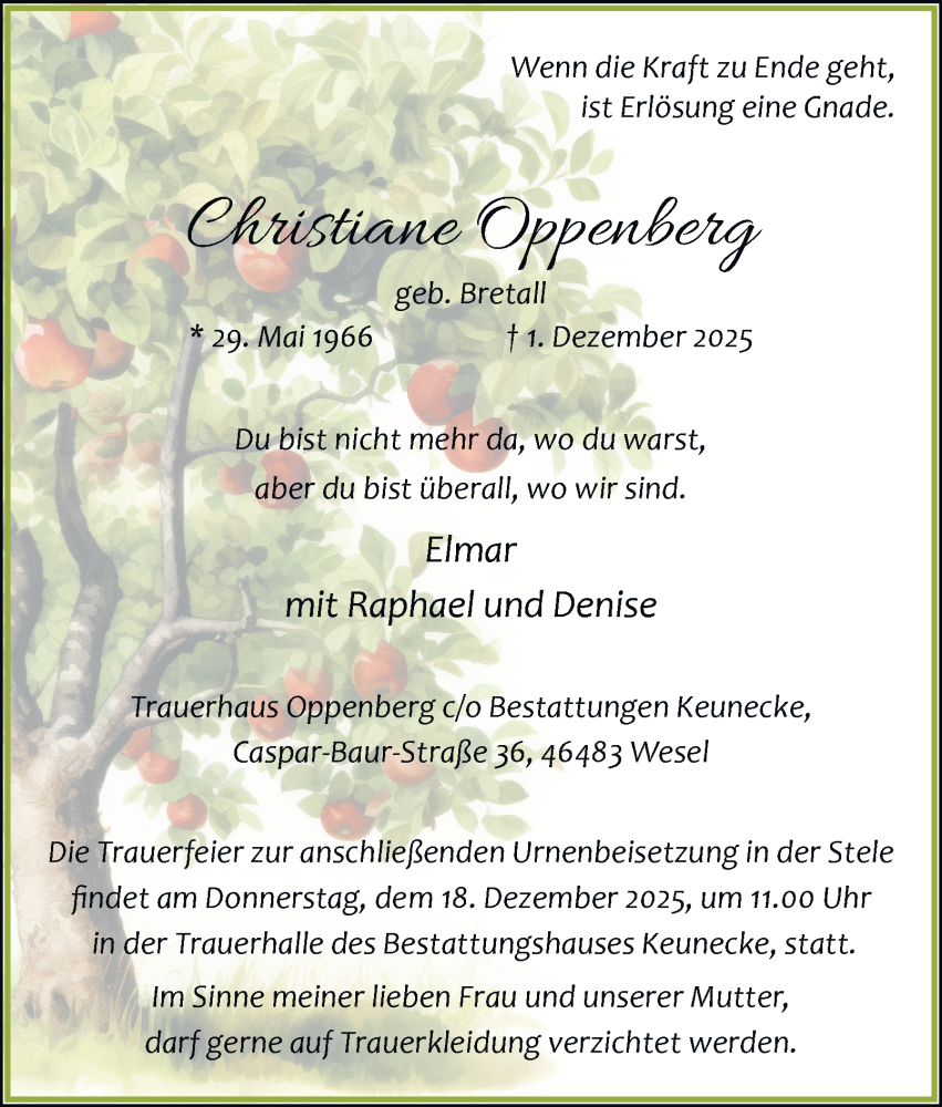  Traueranzeige für Christiane Oppenberg vom 15.12.2025 aus Tageszeitung