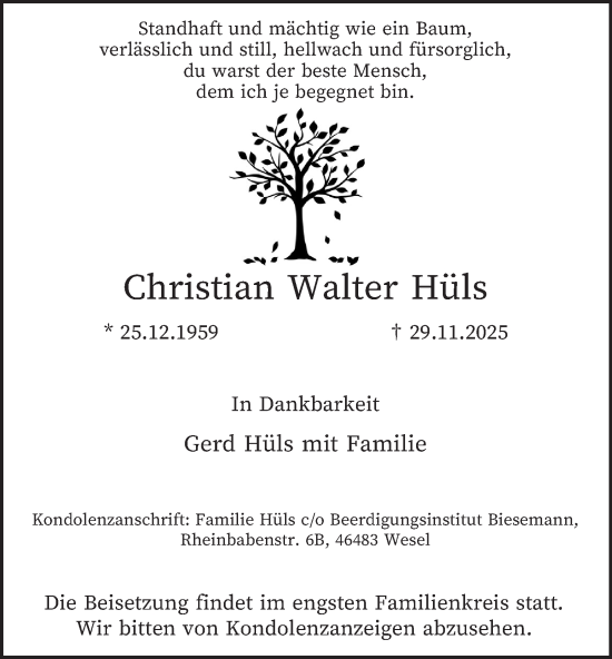 Traueranzeige von Christian Walter Hüls von Tageszeitung