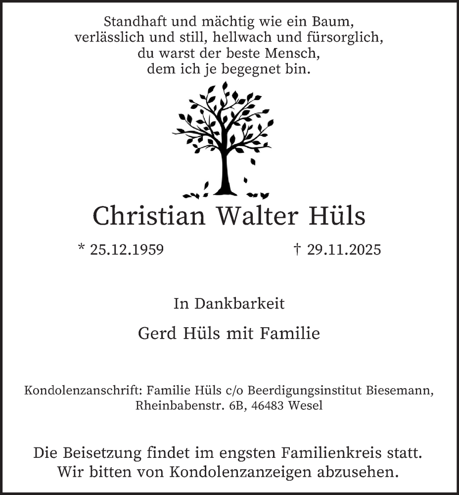  Traueranzeige für Christian Walter Hüls vom 06.12.2025 aus Tageszeitung