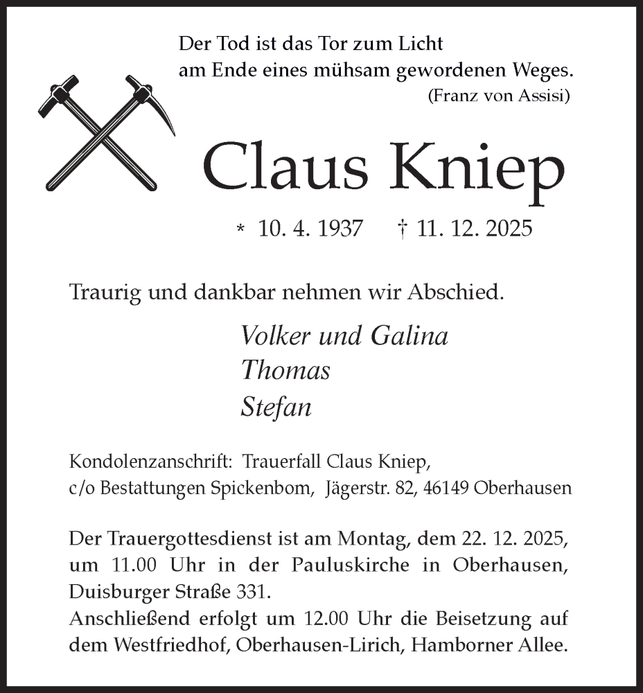  Traueranzeige für Claus Kniep vom 18.12.2025 aus Tageszeitung