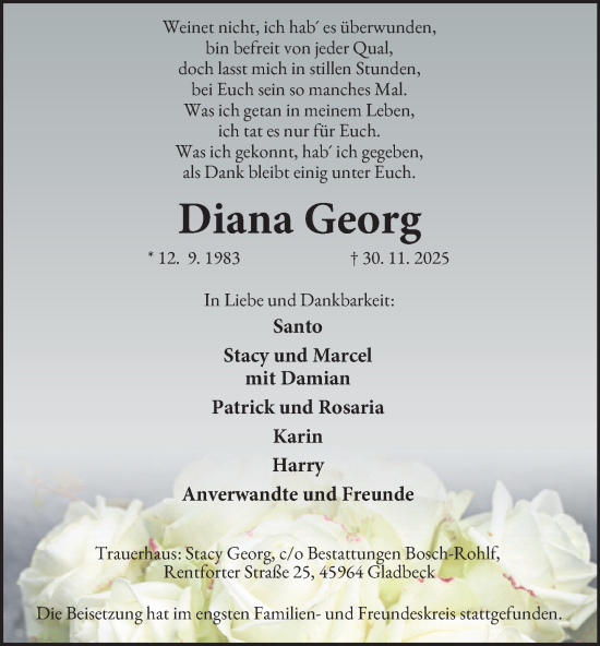 Traueranzeige von Diana Georg von Tageszeitung