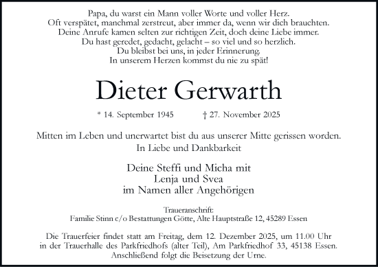 Traueranzeige von Dieter Gerwarth von Tageszeitung