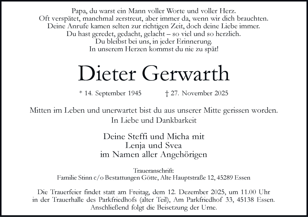  Traueranzeige für Dieter Gerwarth vom 06.12.2025 aus Tageszeitung