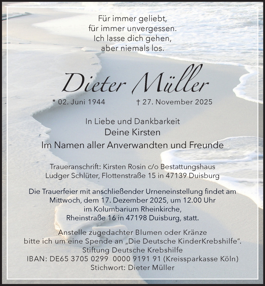  Traueranzeige für Dieter Müller vom 13.12.2025 aus Tageszeitung