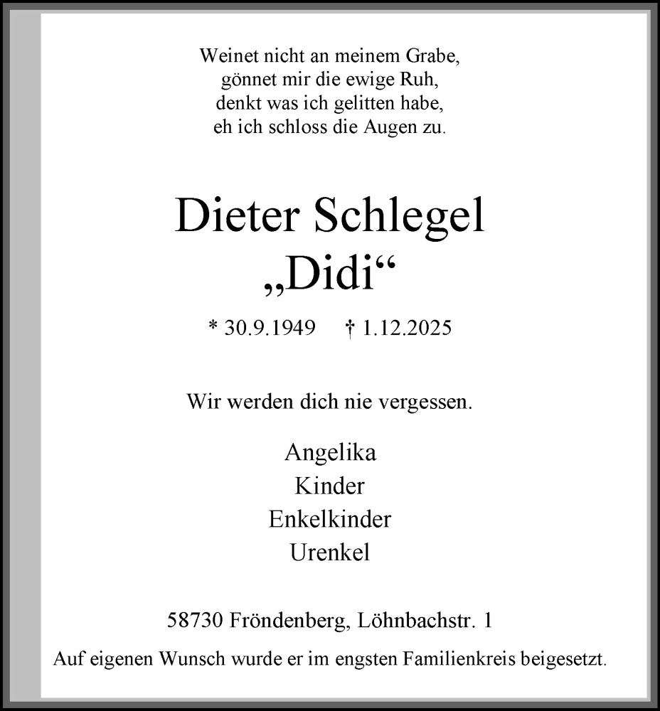  Traueranzeige für Dieter Schlegel vom 13.12.2025 aus Tageszeitung