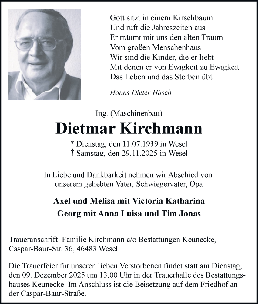  Traueranzeige für Dietmar Kirchmann vom 06.12.2025 aus Tageszeitung