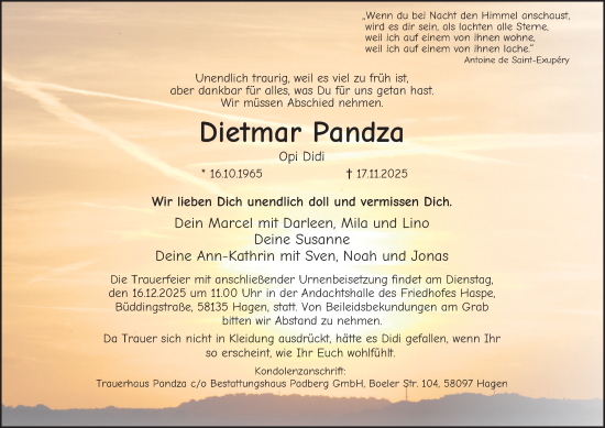 Traueranzeige von Dietmar Pandza von Tageszeitung