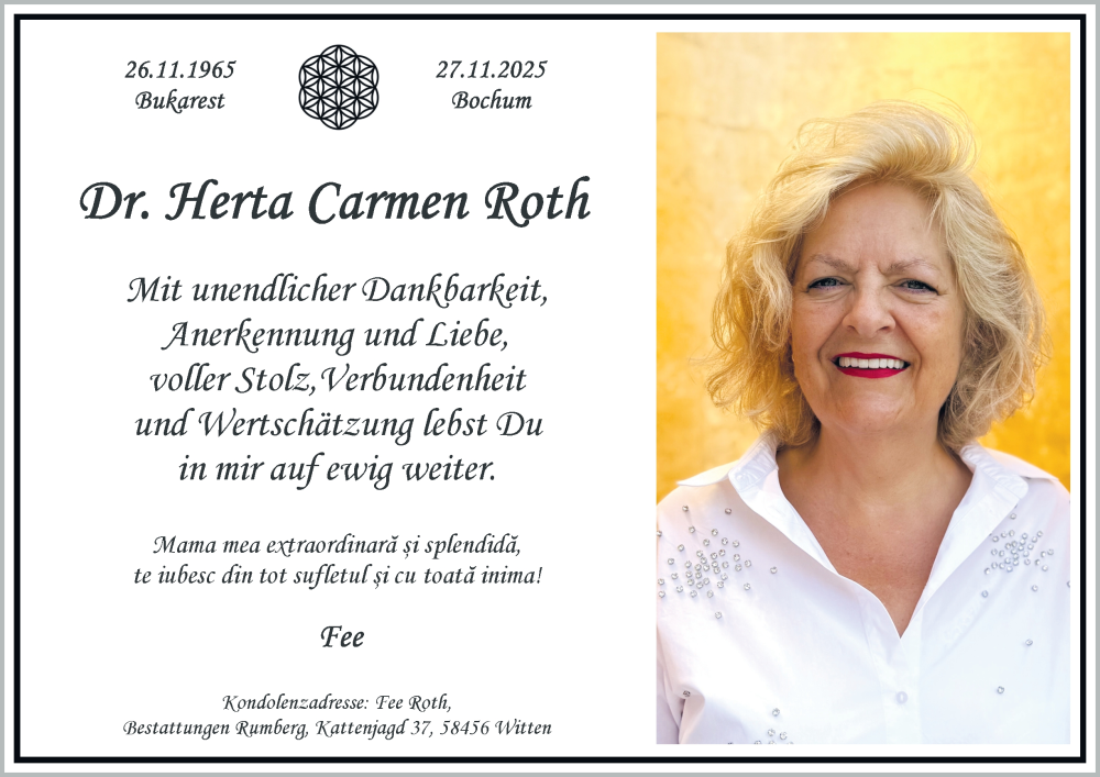  Traueranzeige für Dr. Herta Carmen Roth vom 20.12.2025 aus Tageszeitung