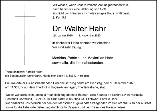 Traueranzeige von Dr. Walter Hahr von Tageszeitung