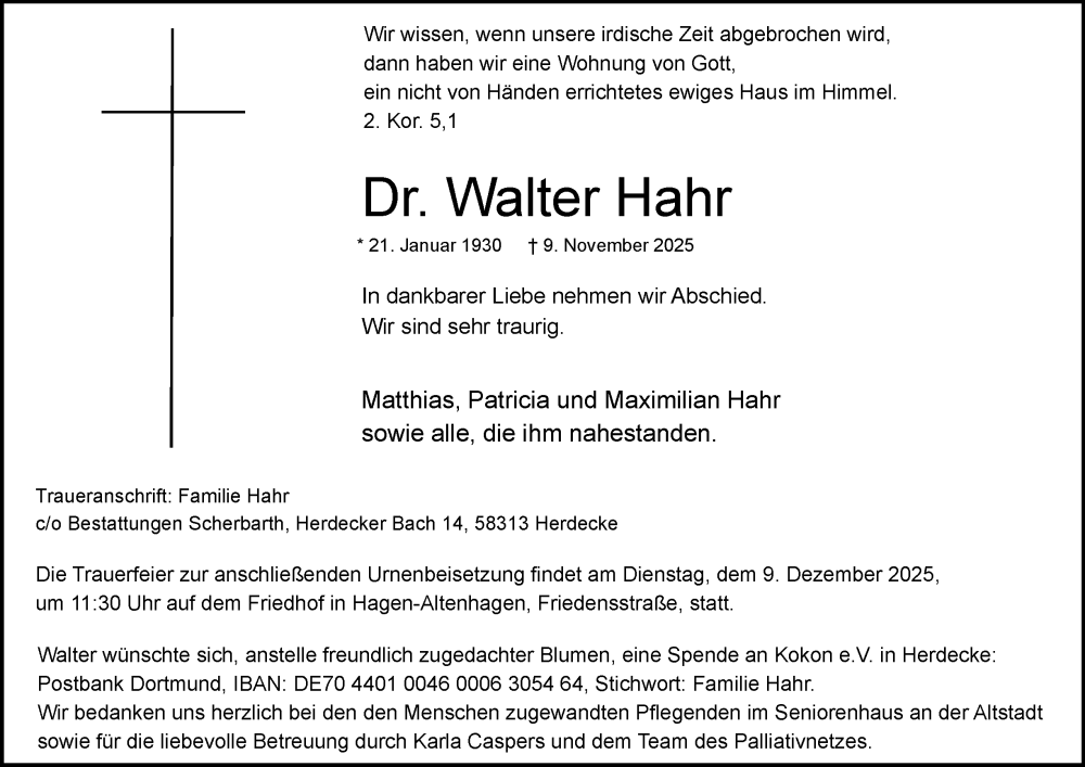  Traueranzeige für Dr. Walter Hahr vom 06.12.2025 aus Tageszeitung