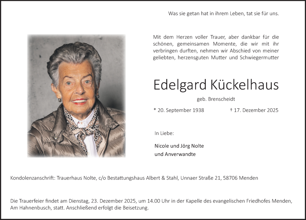  Traueranzeige für Edelgard Kückelhaus vom 20.12.2025 aus Tageszeitung