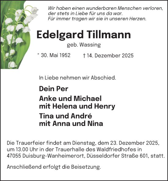 Traueranzeige von Edelgard Tillmann von Tageszeitung
