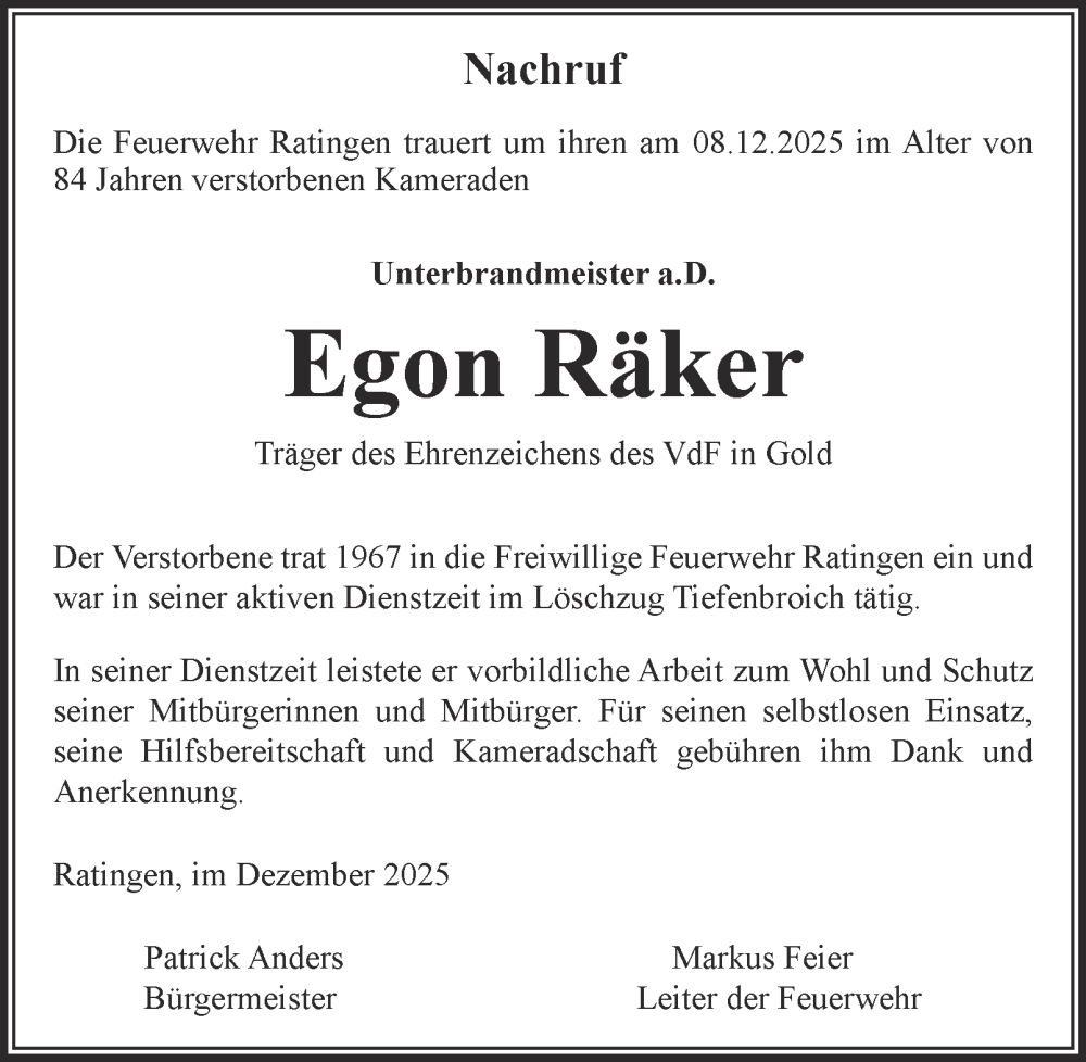  Traueranzeige für Egon Räker vom 13.12.2025 aus Tageszeitung