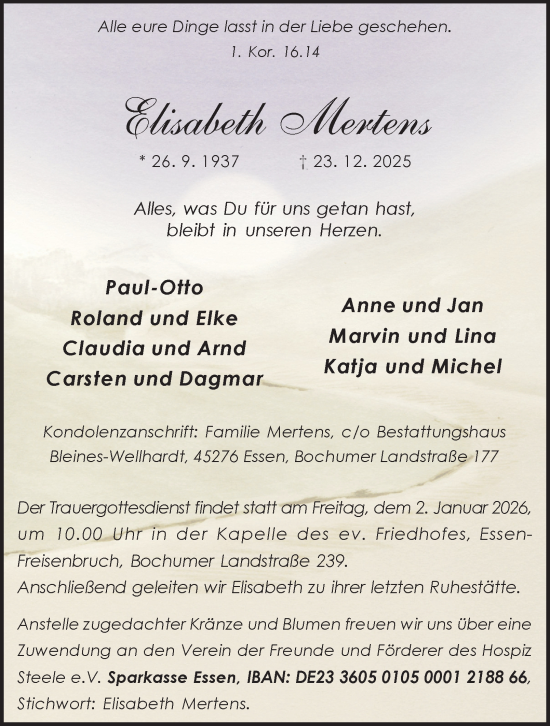 Traueranzeige von Elisabeth Mertens von Tageszeitung