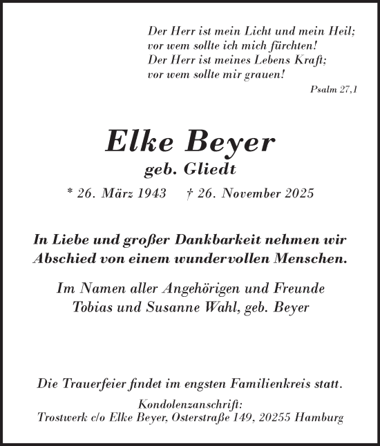 Traueranzeige von Elke Beyer von Tageszeitung