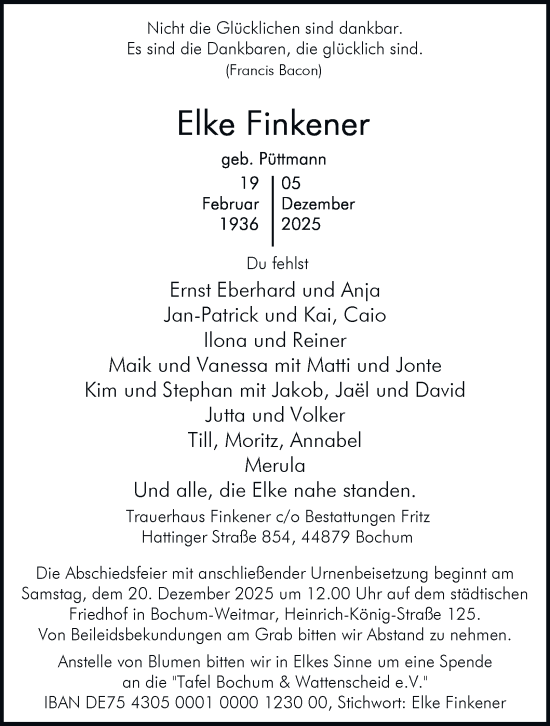 Traueranzeige von Elke Finkener von Tageszeitung