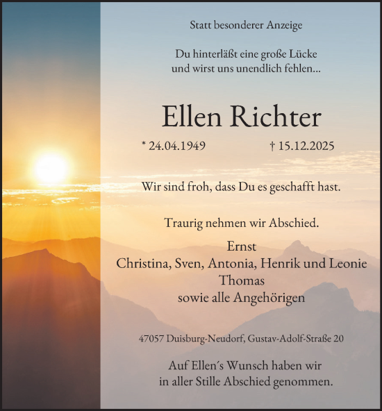 Traueranzeige von Ellen Richter von Tageszeitung