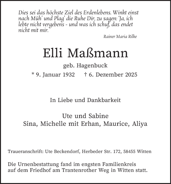 Traueranzeige von Elli Maßmann von Tageszeitung