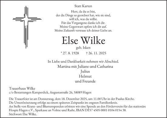 Traueranzeige von Else Wilke von Tageszeitung