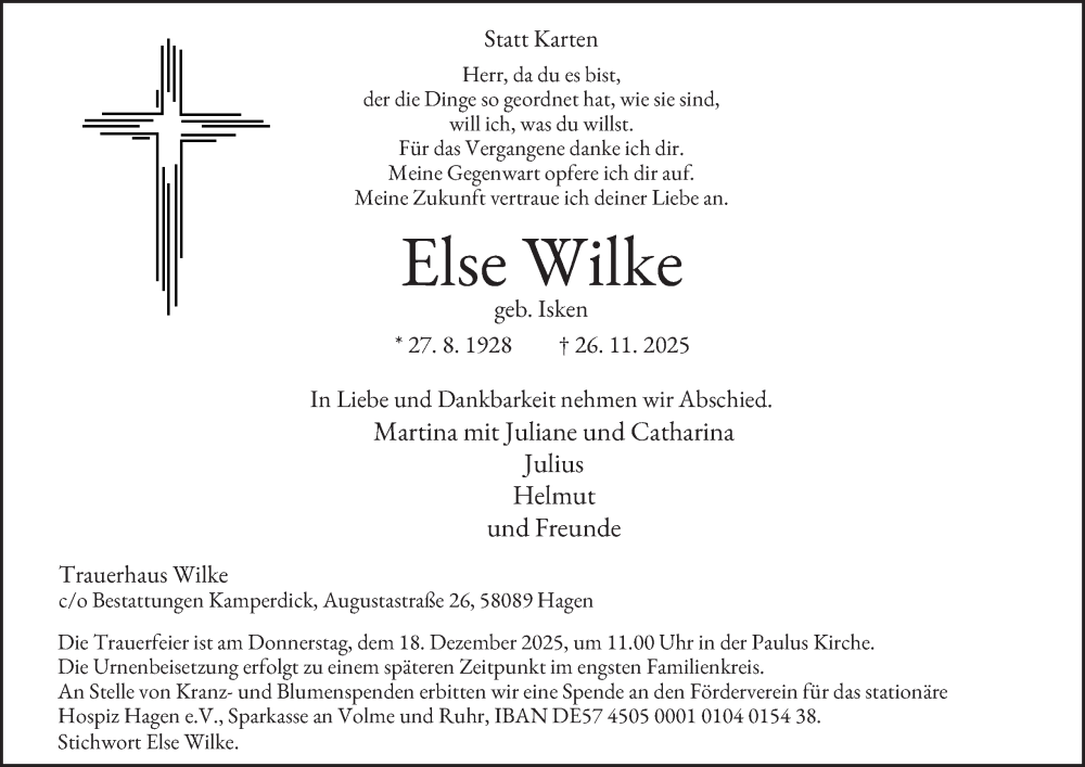  Traueranzeige für Else Wilke vom 13.12.2025 aus Tageszeitung