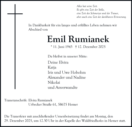 Traueranzeige von Emil Rumianek von Tageszeitung