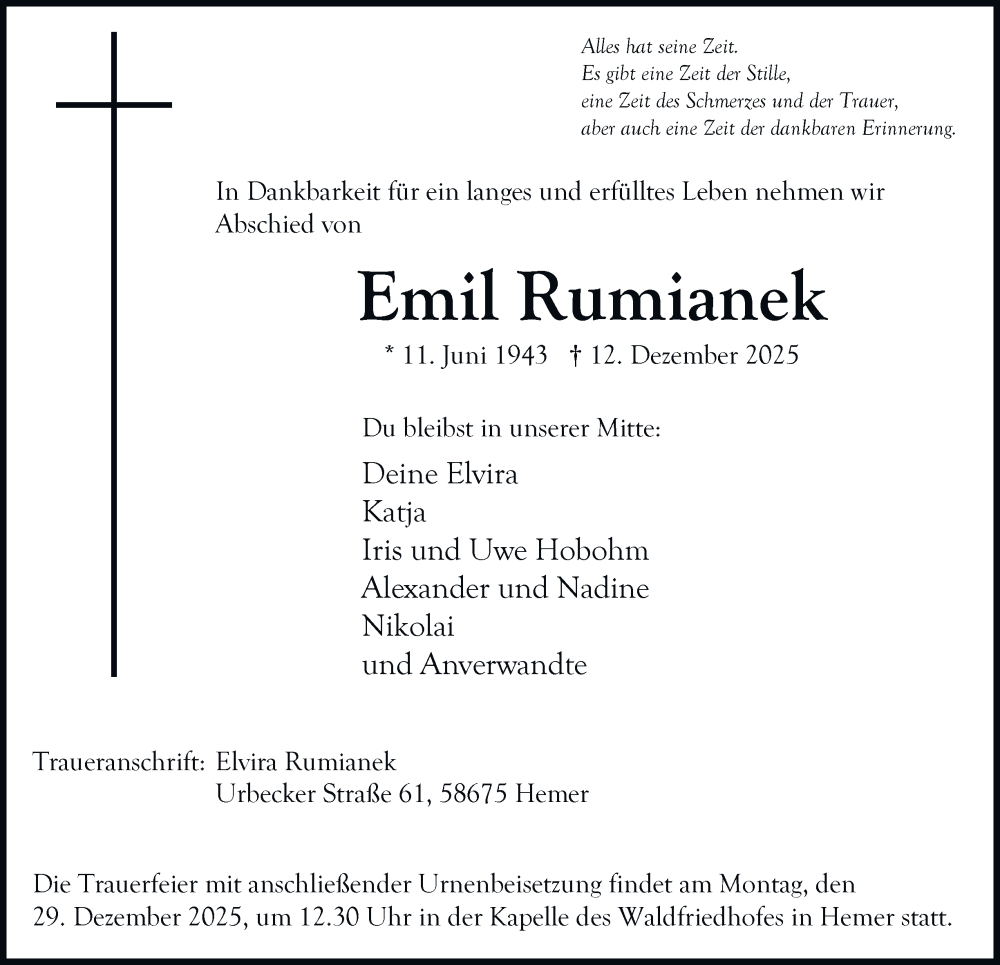  Traueranzeige für Emil Rumianek vom 20.12.2025 aus Tageszeitung