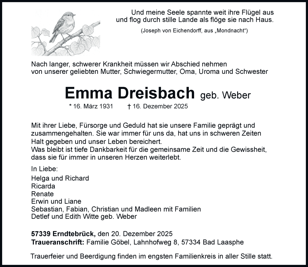  Traueranzeige für Emma Dreisbach vom 20.12.2025 aus Tageszeitung