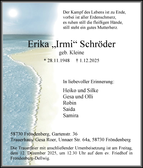 Traueranzeige von Erika Schröder von Tageszeitung