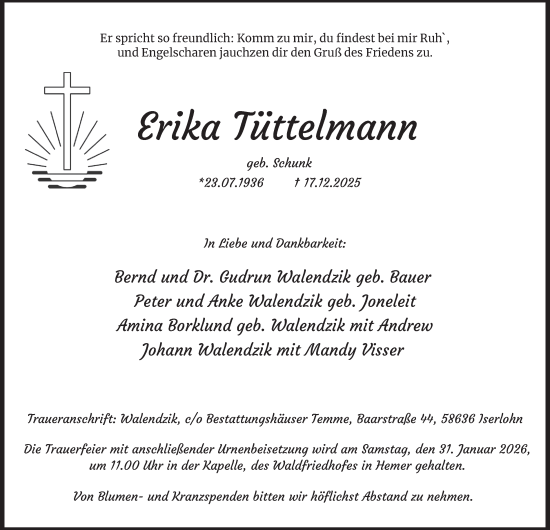 Traueranzeige von Erika Tüttelmann von Tageszeitung