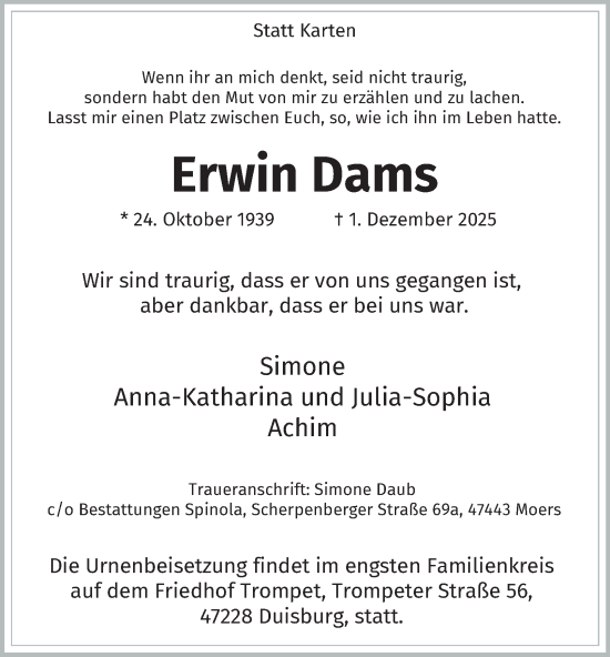 Traueranzeige von Erwin Dams von Tageszeitung