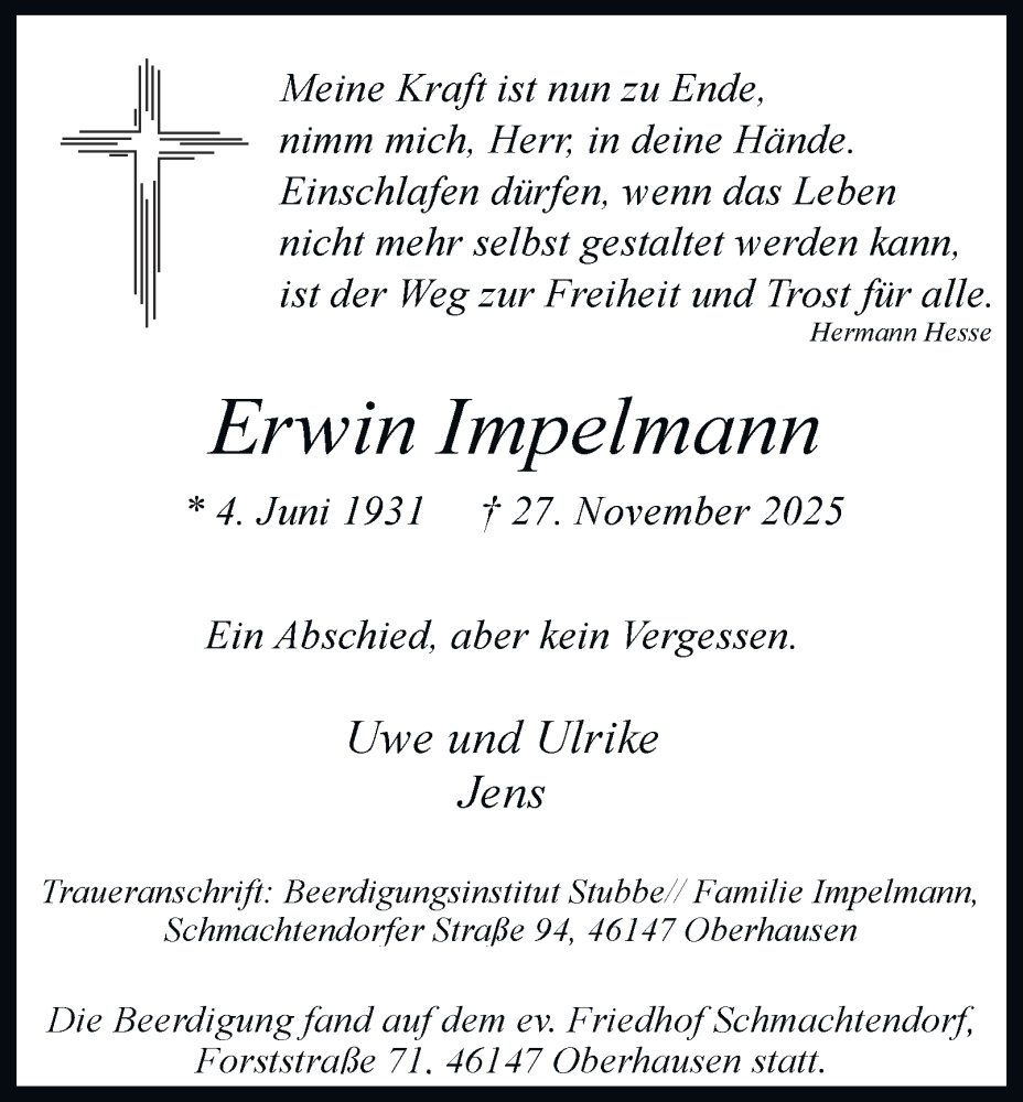  Traueranzeige für Erwin Impelmann vom 13.12.2025 aus Tageszeitung