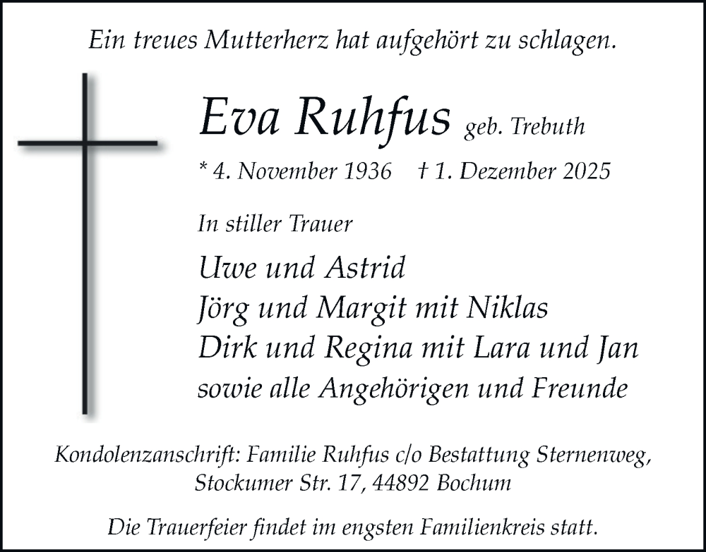  Traueranzeige für Eva Ruhfus vom 06.12.2025 aus Tageszeitung