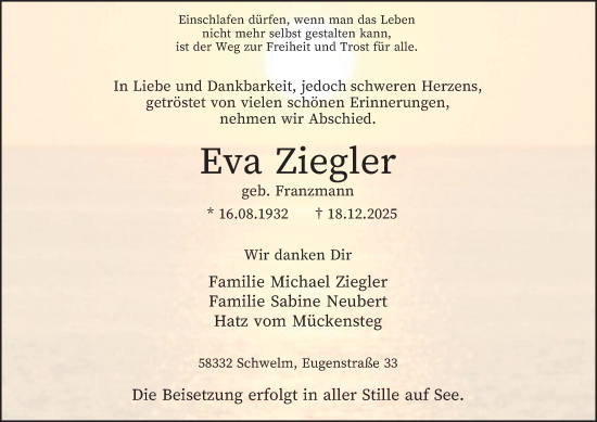 Traueranzeige von Eva Ziegler von Tageszeitung