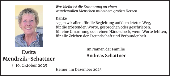 Traueranzeige von Ewita Mendrzik-Schattner von Tageszeitung
