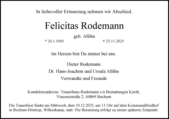 Traueranzeige von Felicitas Rodemann von Tageszeitung