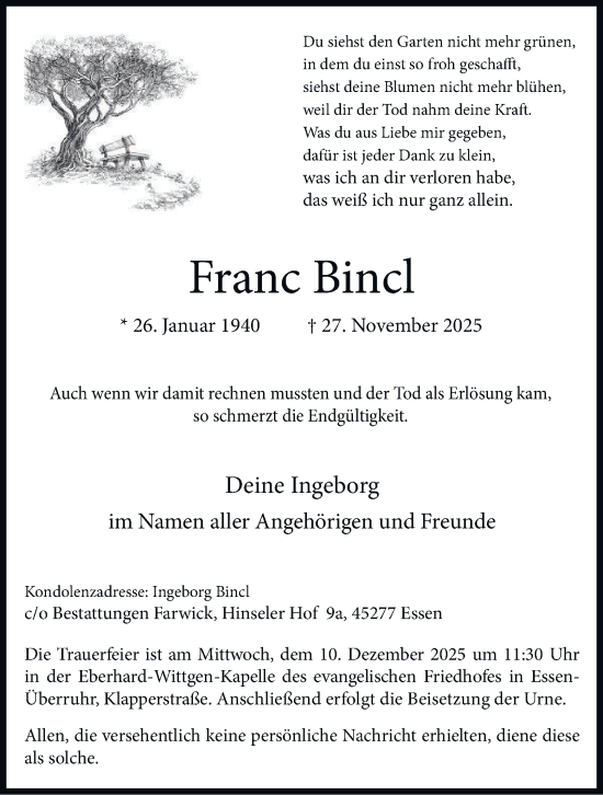 Traueranzeige von Franc Bincl von Tageszeitung