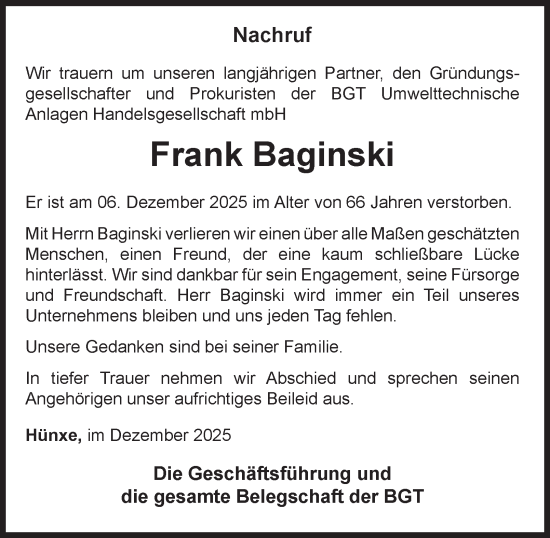 Traueranzeige von Frank Baginski von Tageszeitung